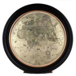 A coloured print of a 1660 Eastern Hemisphere map, 55cms diameter, framed & glazed.