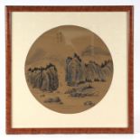 A Chinese circular watercolour painting depicting a mountainous river scene and calligraphy,