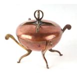 An Arts & Crafts Christopher Dresser design copper and brass bowl and cover on a scroll quatrefoil