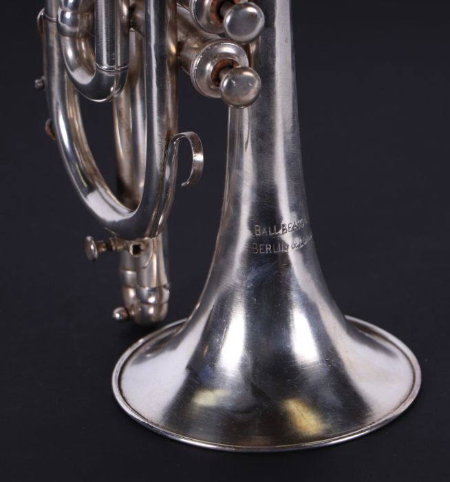 A Ball Beavon & Co. silver plated cornet in original painted pine carry case. - Image 4 of 4