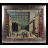 After L S Lowry - Figures in a Street Scene - oil on canvas, initialled lower left, 59 by 49cms.