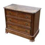 A continental mahogany chest of three long drawers, 86cms wide.Condition ReportReplacement stained