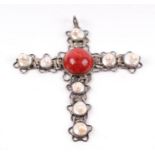 A Baroque style silver coloured metal coral and pearl pendant cross, 10cms wide.