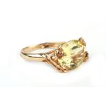 A 9ct gold and pale green cushion shaped solitaire dress ring, approx UK size ' N', 3.2g.