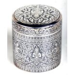 A Thai / Siam sterling silver tea caddy with traditional niello decoration, of cylindrical form,