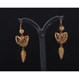 A pair of Victorian yellow metal drop earrings, 5cms drop, 4.1g.