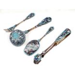 A suite of Russian silver and enamel tea implements to include sifter ladle, sugar tongs, shovel and