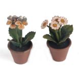 Two vintage doll's house size Vienna cold painted bronze flower pots with pansies, each approx 3.