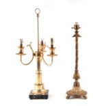 A Regency style three branch gilt metal table lamp on a marble base, 58cms high; together with a