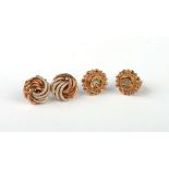 A pair of 9ct gold knot stud earrings together with a pair of 9ct gold diamond set earrings.3.4g