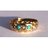 A Victorian 9ct gold gypsy ring set with seed pearls and turquoise. Approx UK N. 1.7g Condition