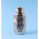 A 19th century continental silver sugar caster with repousse decoration depicting figures within a