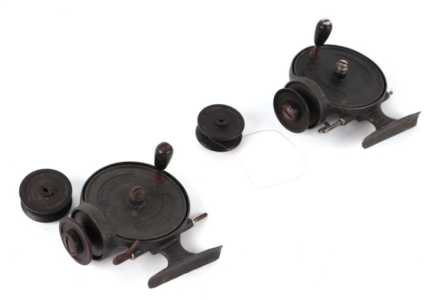 An Alcock Stanley Threadline fishing reel; together with another similar, both with spare spools.