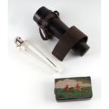 A late 19th / early 20th century leather cased tapering glass hunting flask with silver plated