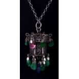 A Chinese silver metal miniature novelty lantern pendant set with sapphire, tourmaline and jade