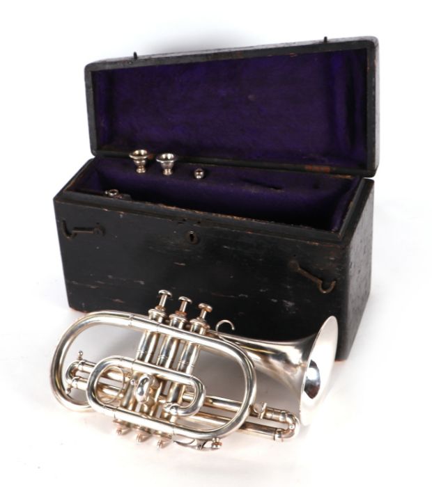 A Ball Beavon & Co. silver plated cornet in original painted pine carry case.