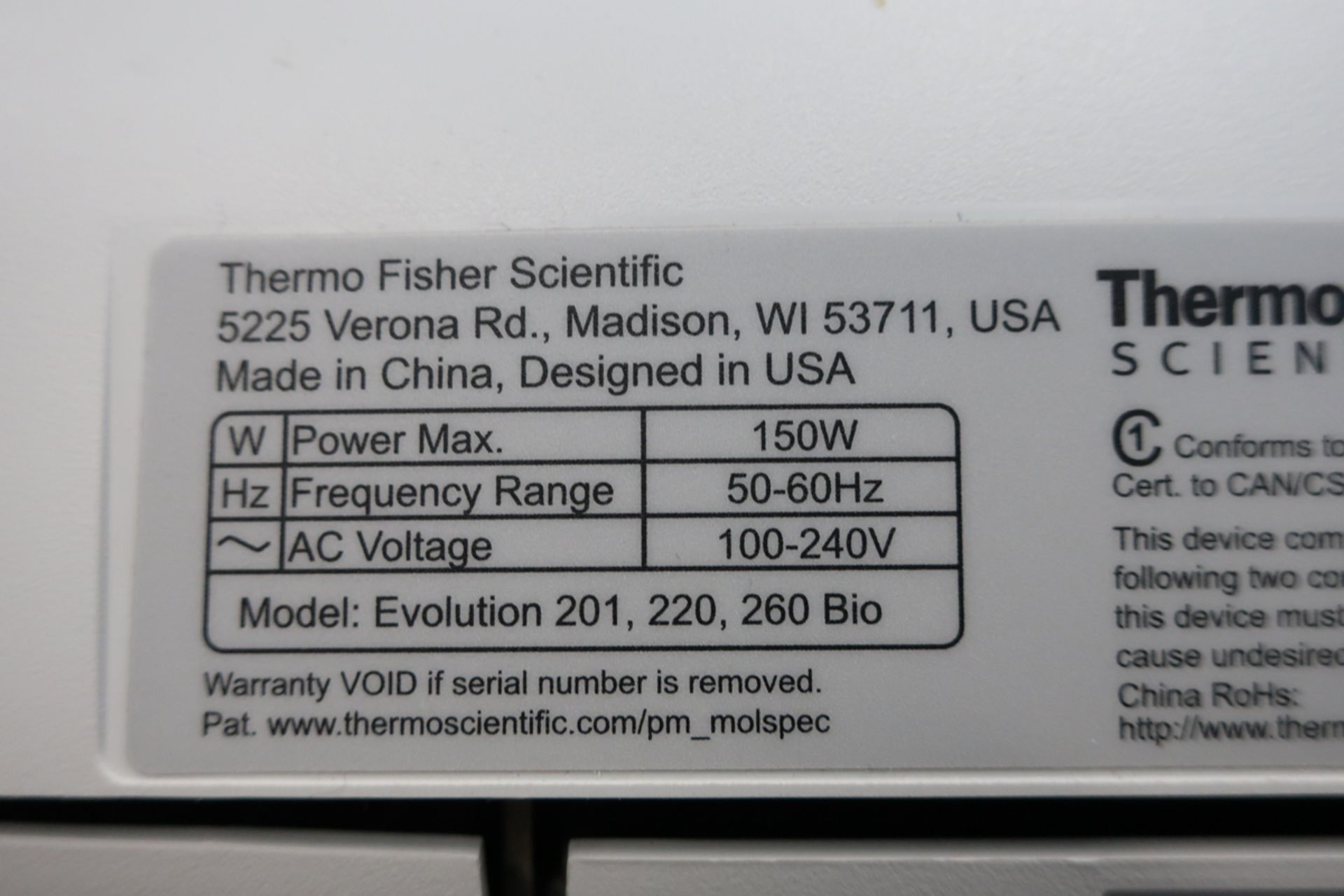 THERMO SCIENTIFIC EVOLUTION 260 BIO SPECTROPHOTOMETER, S/N: 5A6S356003 - Image 6 of 6