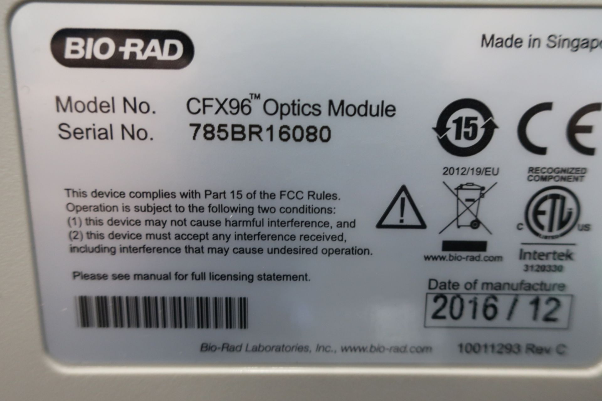 BIO-RAD CFX96 OPTICS MODULE REAL-TIME PCR DETECTOR, S/N: 785BR16080 - Image 2 of 3