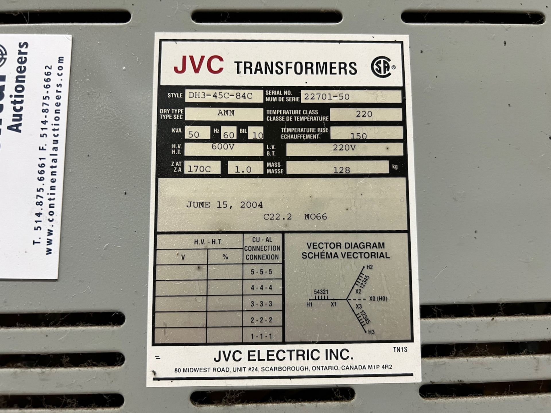 JVC 50 KVA TRANSFORMER, 600-220V - Image 2 of 2