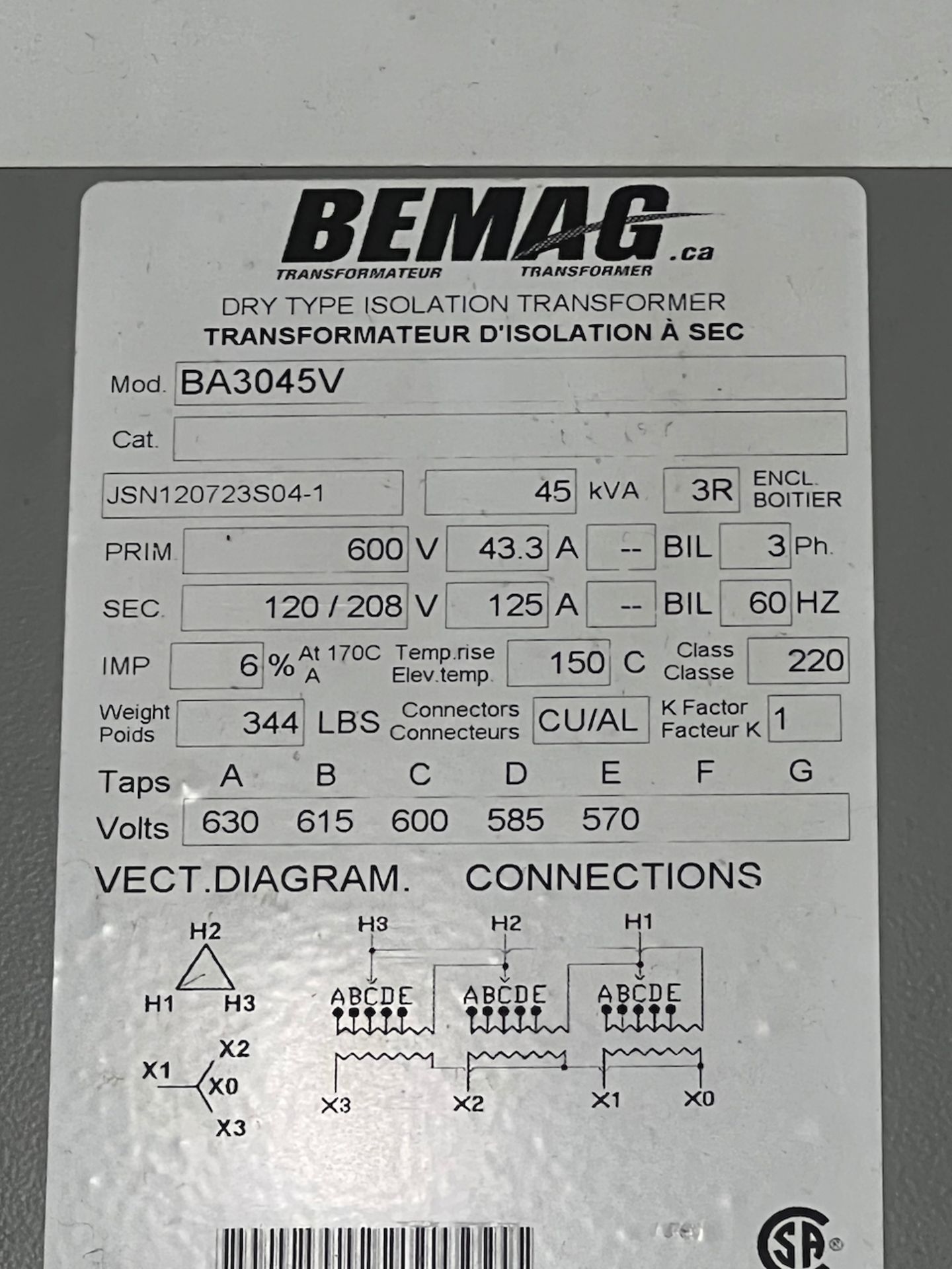 BEMAG 45 KVA TRANSFORMER, 600-120/208V - Image 2 of 2