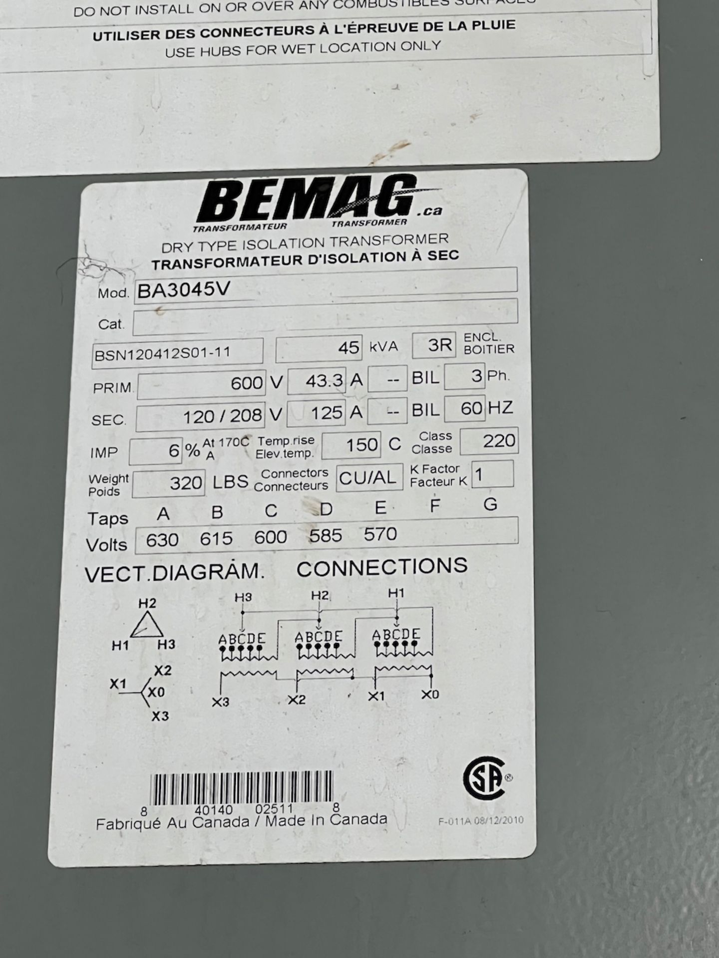 BEMAG 45 KVA TRANSFORMER, 600-120/208V - Image 2 of 2