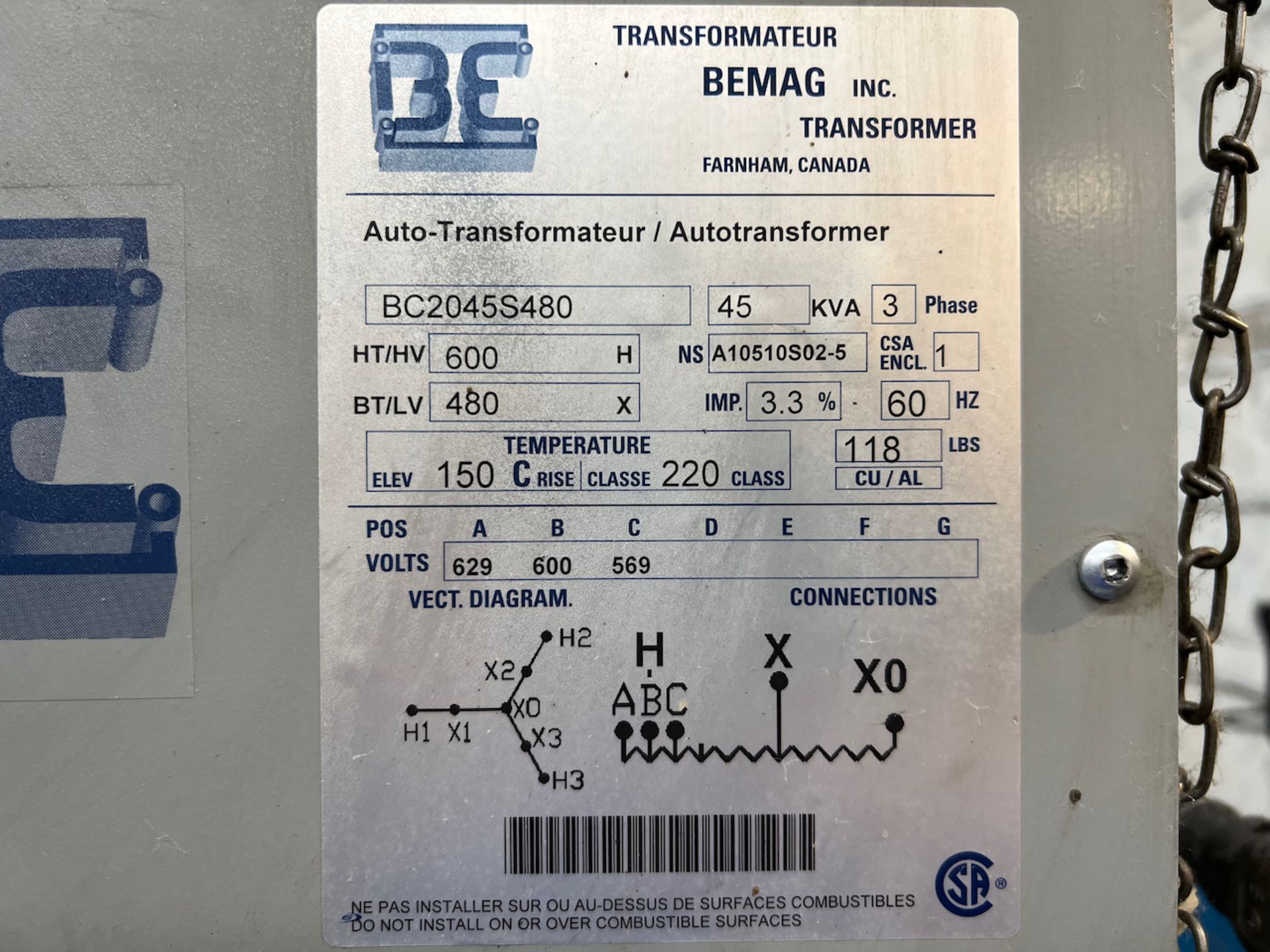 BEMAG 45 KVA TRANSFORMER, 600-480V - Image 2 of 2