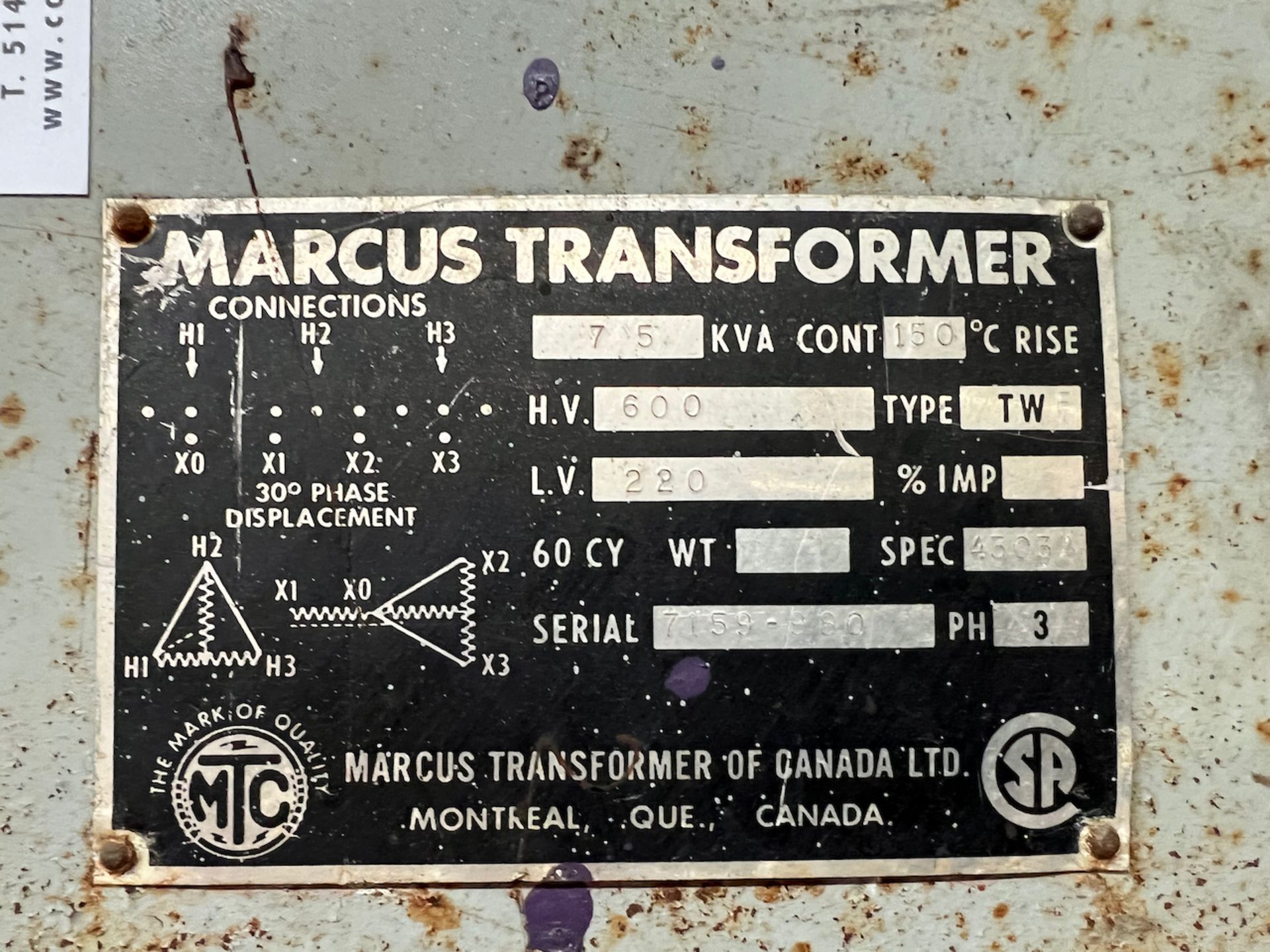 MARCUS 75 KVA TRANSFORMER, 600-220V - Image 2 of 2