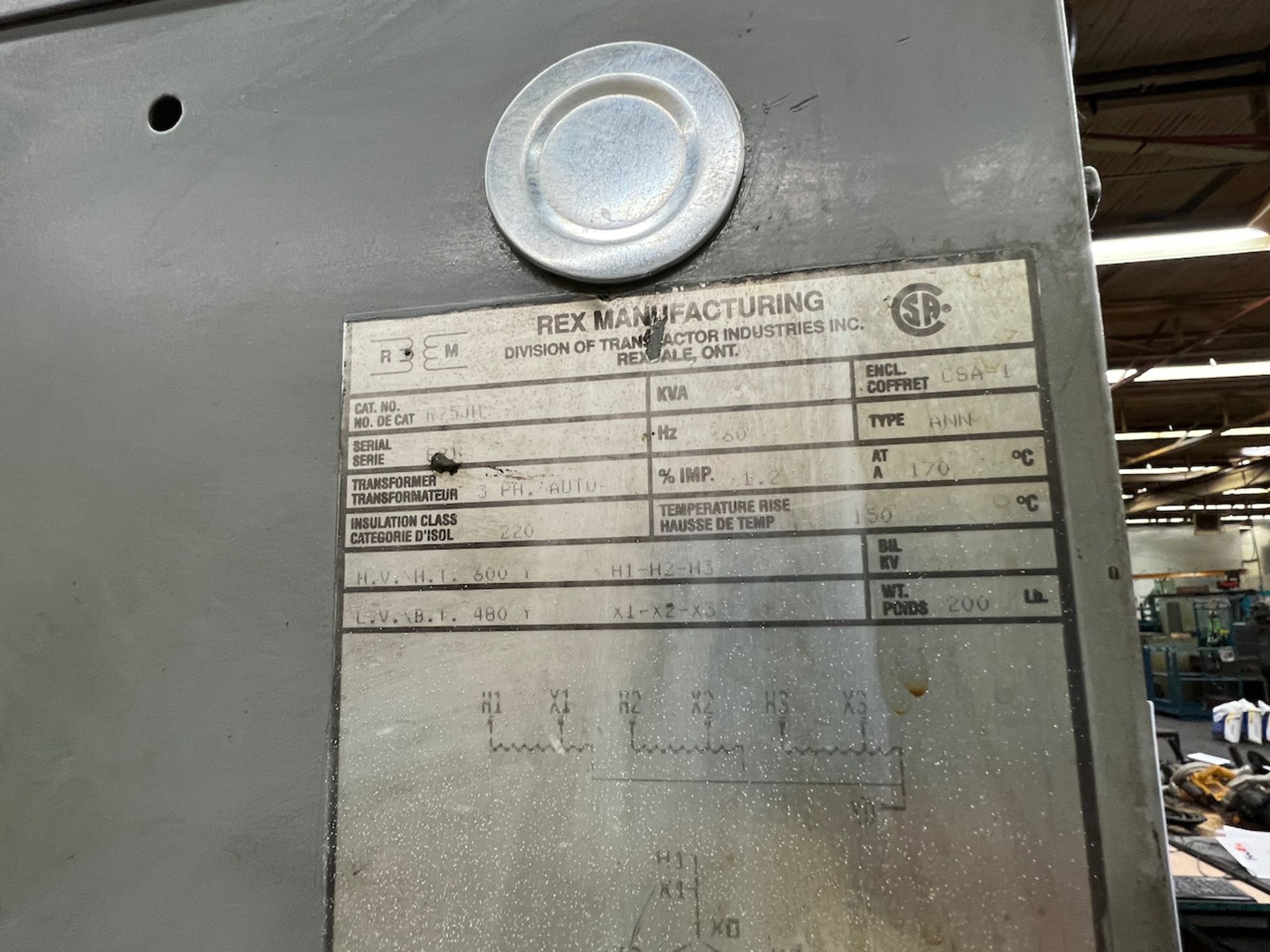 REX 75 KVA TRANSFORMER, 600-480V - Image 2 of 2