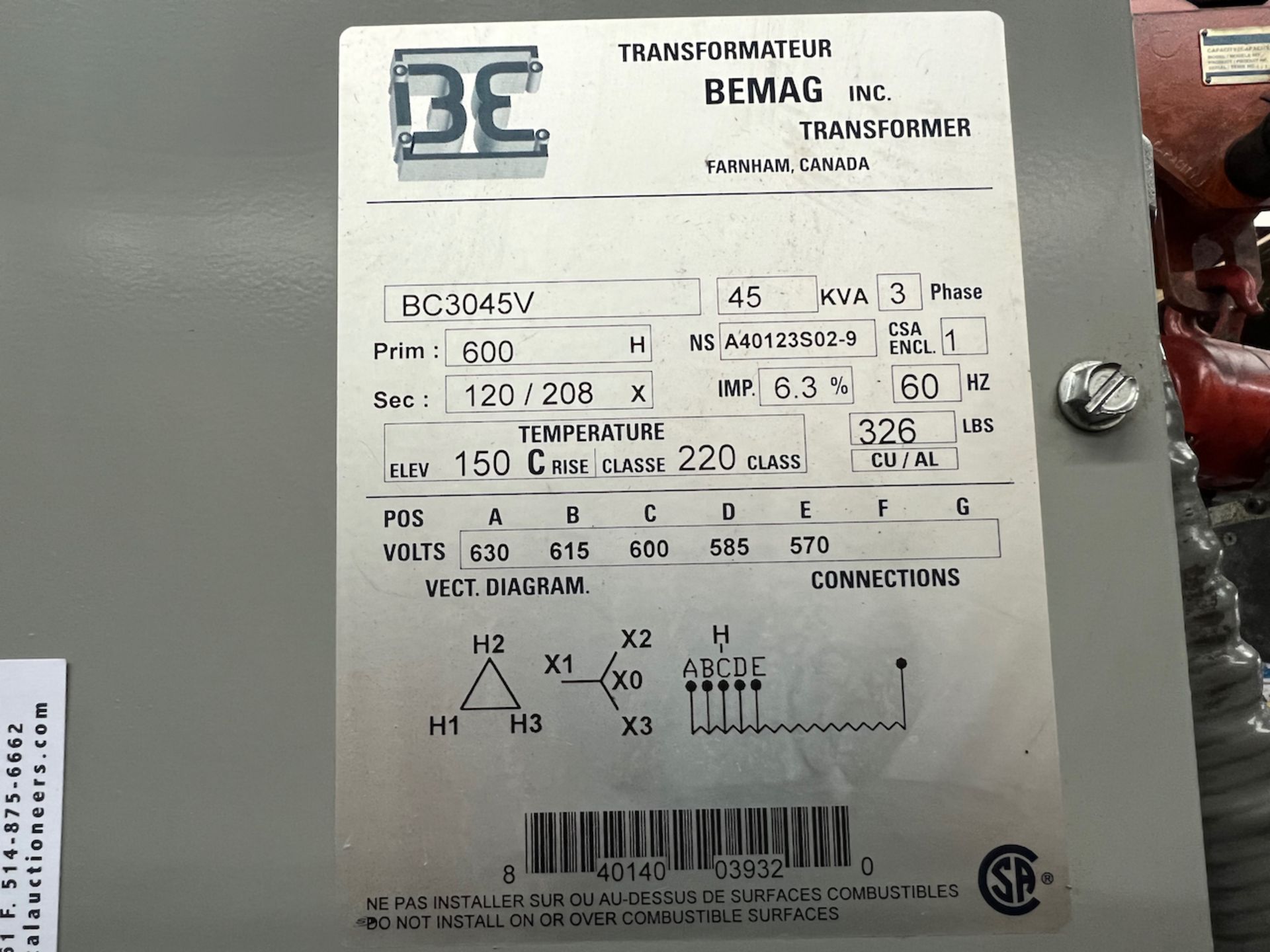 BEMAG 45 TRANSFORMER, 600-120/208V - Image 2 of 2