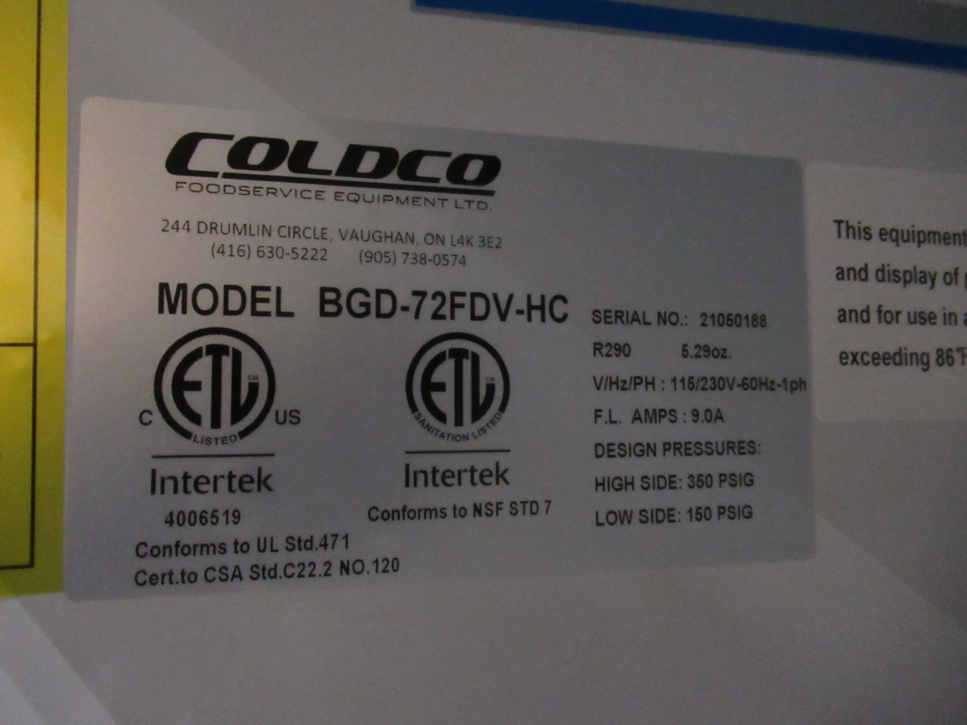 COLDCO 3-DOOR FREEZER MO. BGD-72FDV-HC, 81", - Image 5 of 5