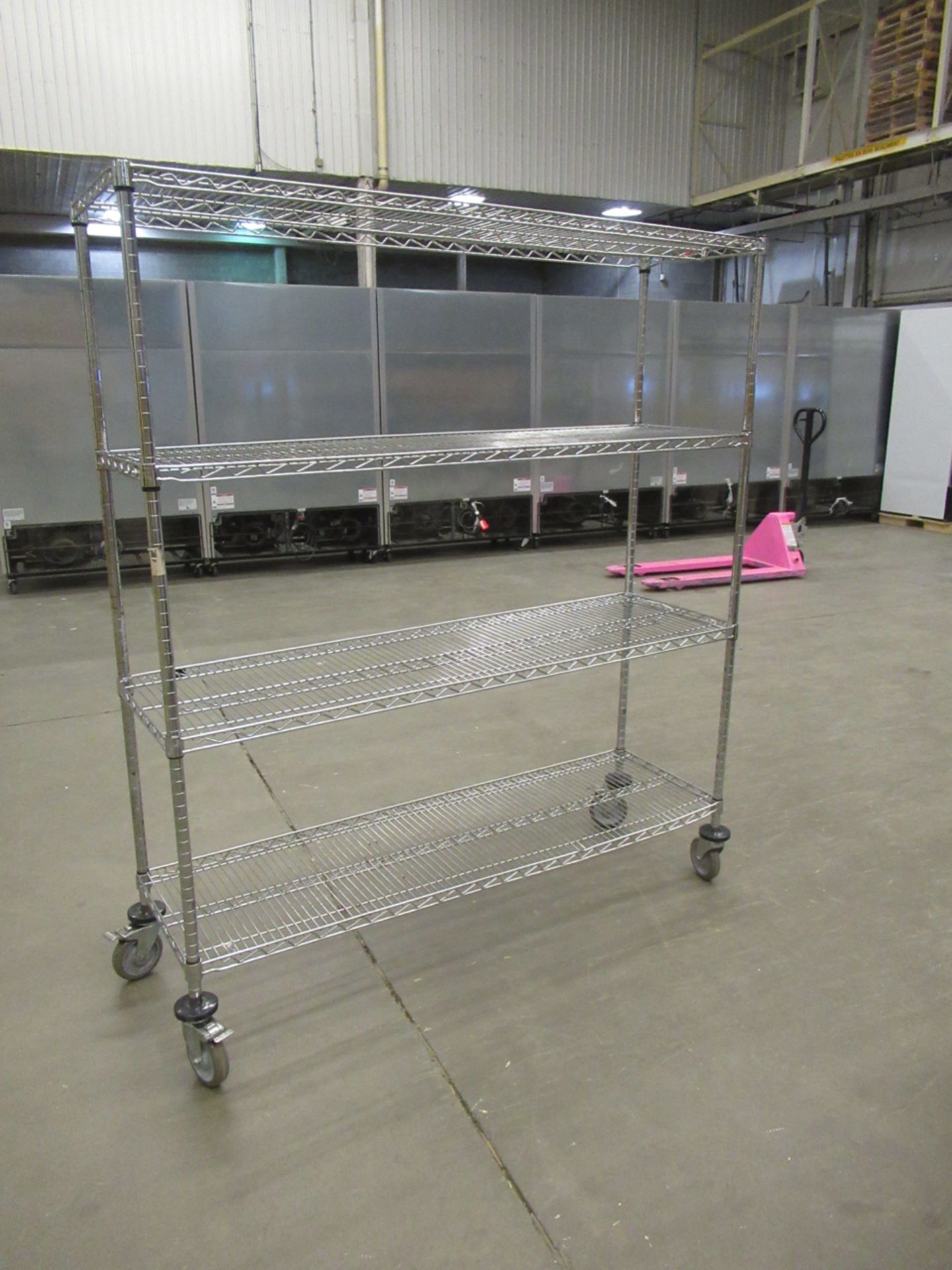 CHROMED WIRE SHELVING, 4 SHELVES 60X18X63" W/ WHEELS