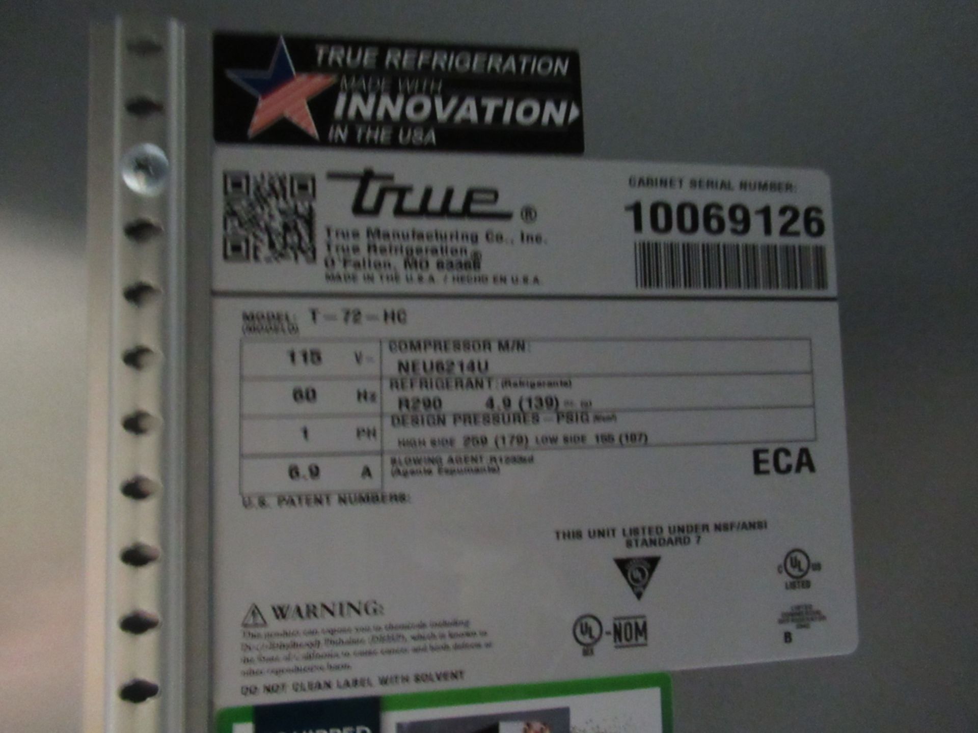 TRUE T-72-HC 78 1/10" THREE SECTION REACH IN REFRIGERATOR, S/N: 10069126 - Image 2 of 3