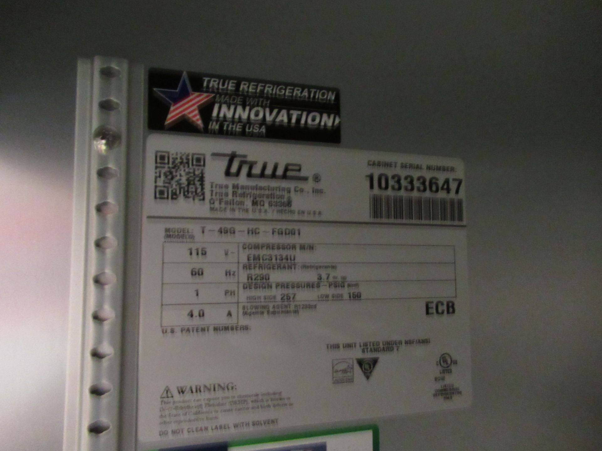 TRUE T-49G-HC-FGD-01, 54" GLASS DOOR REFRIGERATOR, R290 HYDROCARBON REFRIGERANT, LED LIGHTING , S/N: - Image 2 of 2