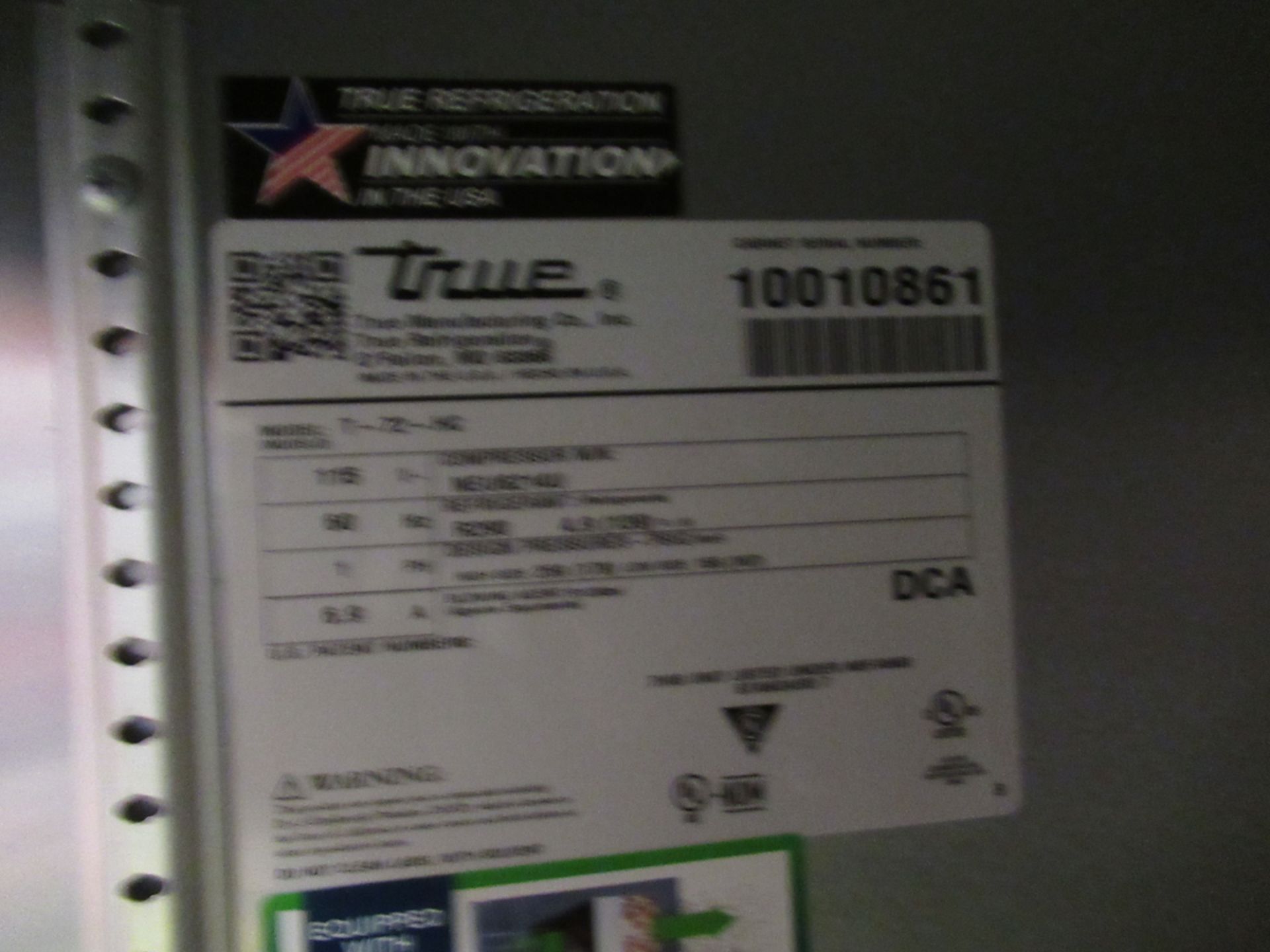 TRUE T-72-HC 78 1/10" THREE SECTION REACH IN REFRIGERATOR, S/N: 10010861 - Image 2 of 3