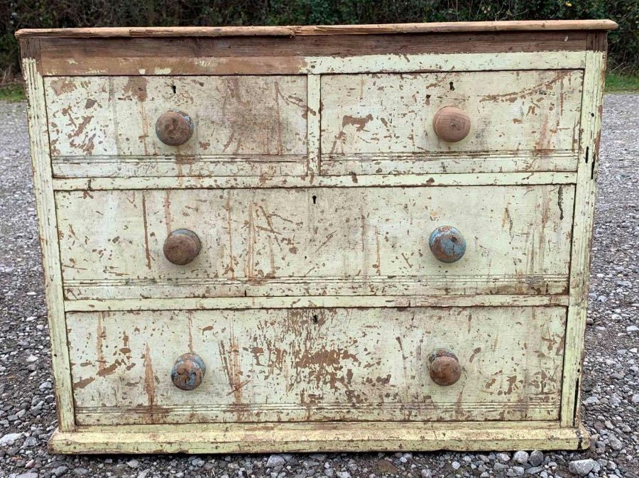 A Victorian painted pine chest of two short and