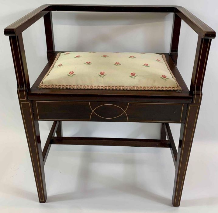 An Edwardian mahogany inlaid piano chair, with a f