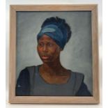 An oil on canvas of an Afro Caribbean lady, 50cm x 45