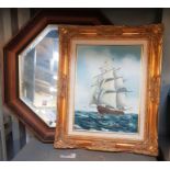 Gilt framed oil painting of a ship at sea & an oak