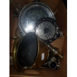 Metalware to include a brass coal scuttle, trays,