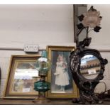 Art Nouveau style desk lamp & mirror, oil lamp & o