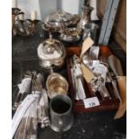Various plated cutlery & teapots, pewter jug etc