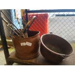 Copper coal scuttle, copper pan & fireside tools