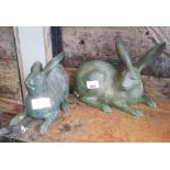 2 bronze effect metal hares