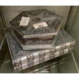 2 white metal covered Asian trinket boxes to include costu