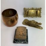 A WMF brass container, a brass stationery clip, a