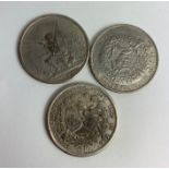 Three Swiss coins - 5f 1869; 5f 1889 and another 1