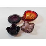 Three amethyst bubble glass dishes and a heavy red
