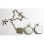 A silver cased open faced pocket watch with white
