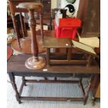 Oak table, pine plant stand & a oak gout stool