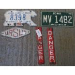 2 enamel danger signs, Ursus badge & 2 American li